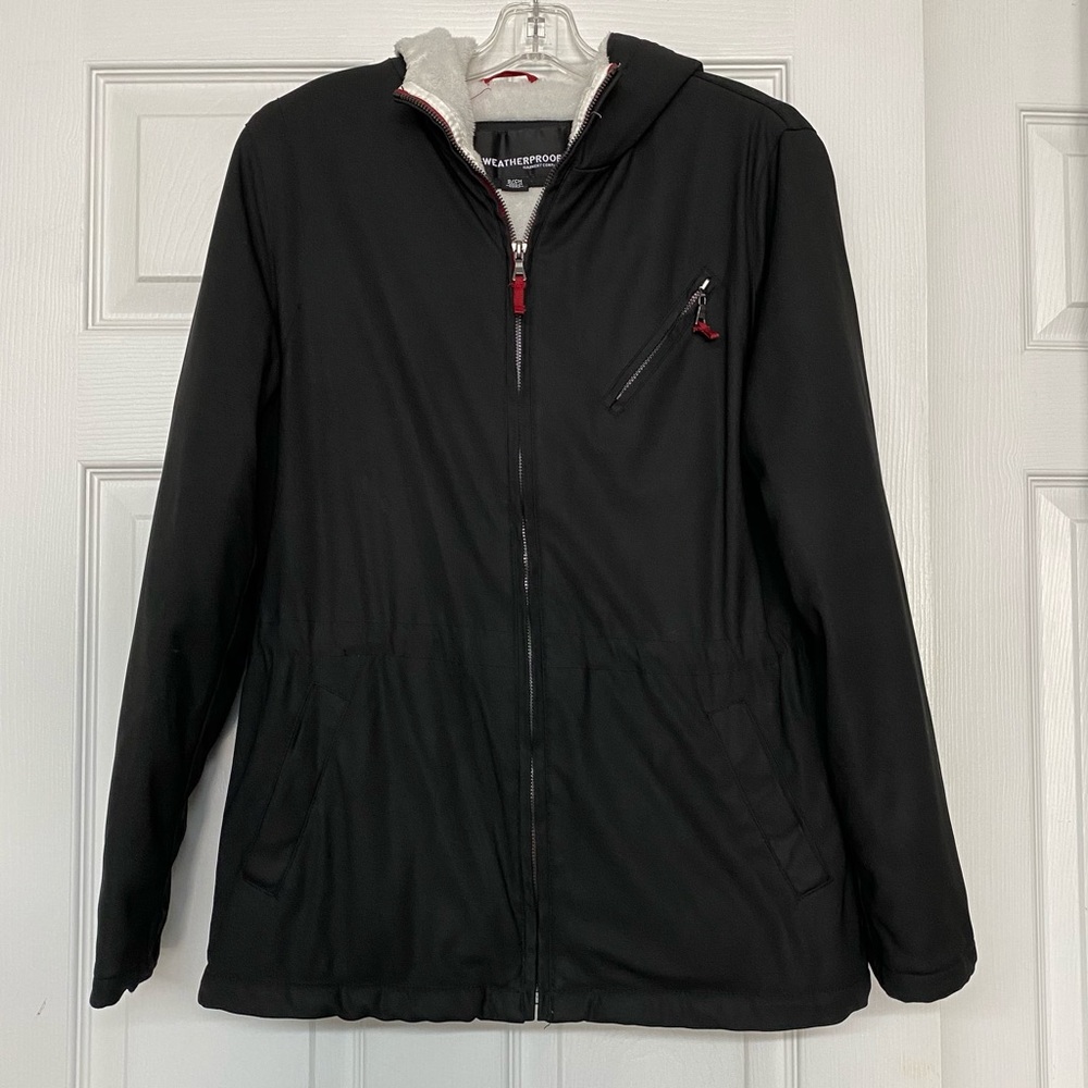 Weatherproof Black Lined All Weather Rain Resistant Hooded Coat Parka Sz S